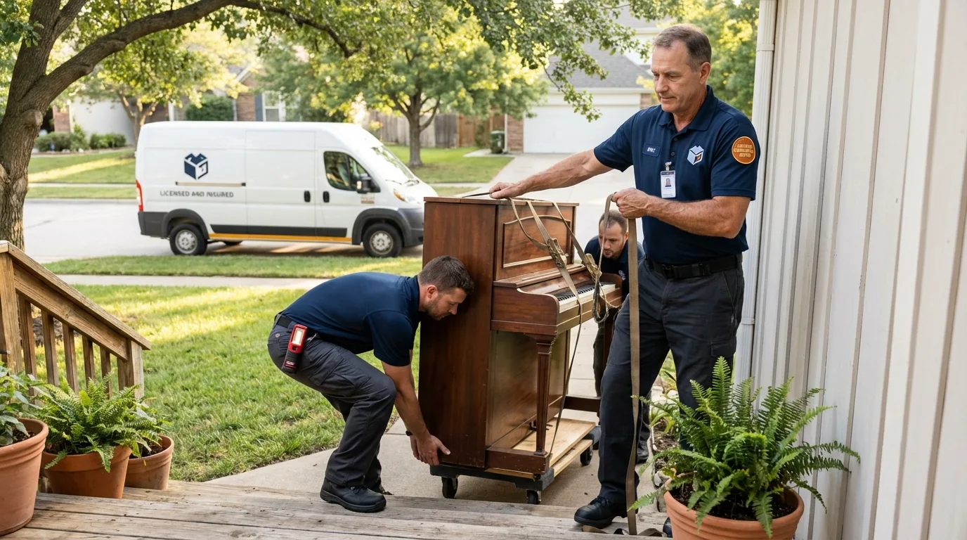 Licensed piano movers securing grand piano in Sergeant Bluff, IA