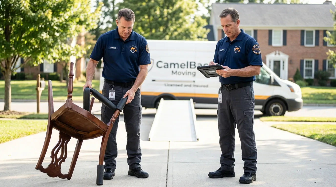 Movers inspecting furniture for damage prevention before loading in Sergeant Bluff, IA